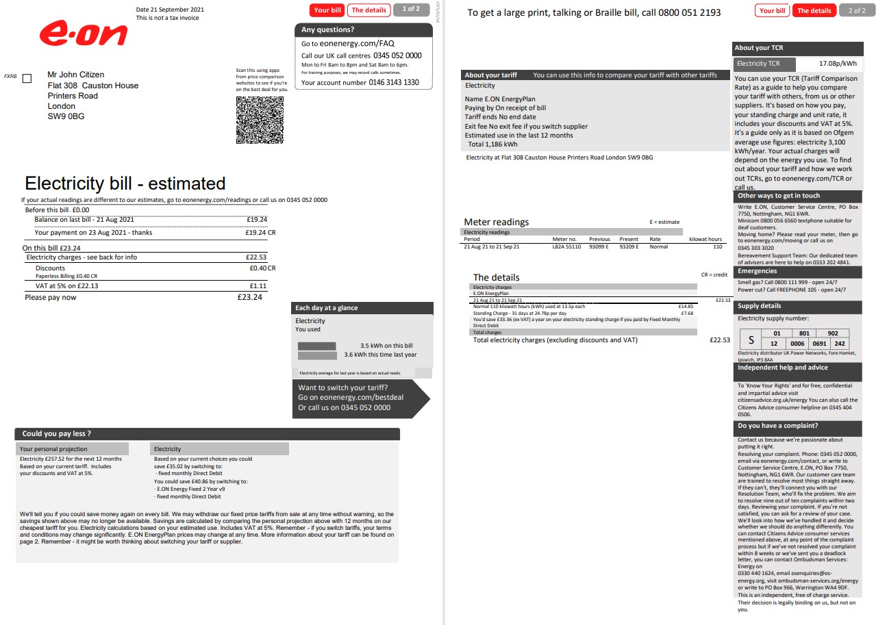 United Kingdom E.ON electricity utility bill template in Word and PDF format, 2 pages, version 1